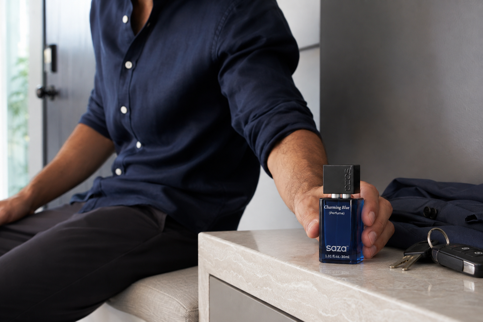 Charming Blue beside keys on a stone console, ready for the day