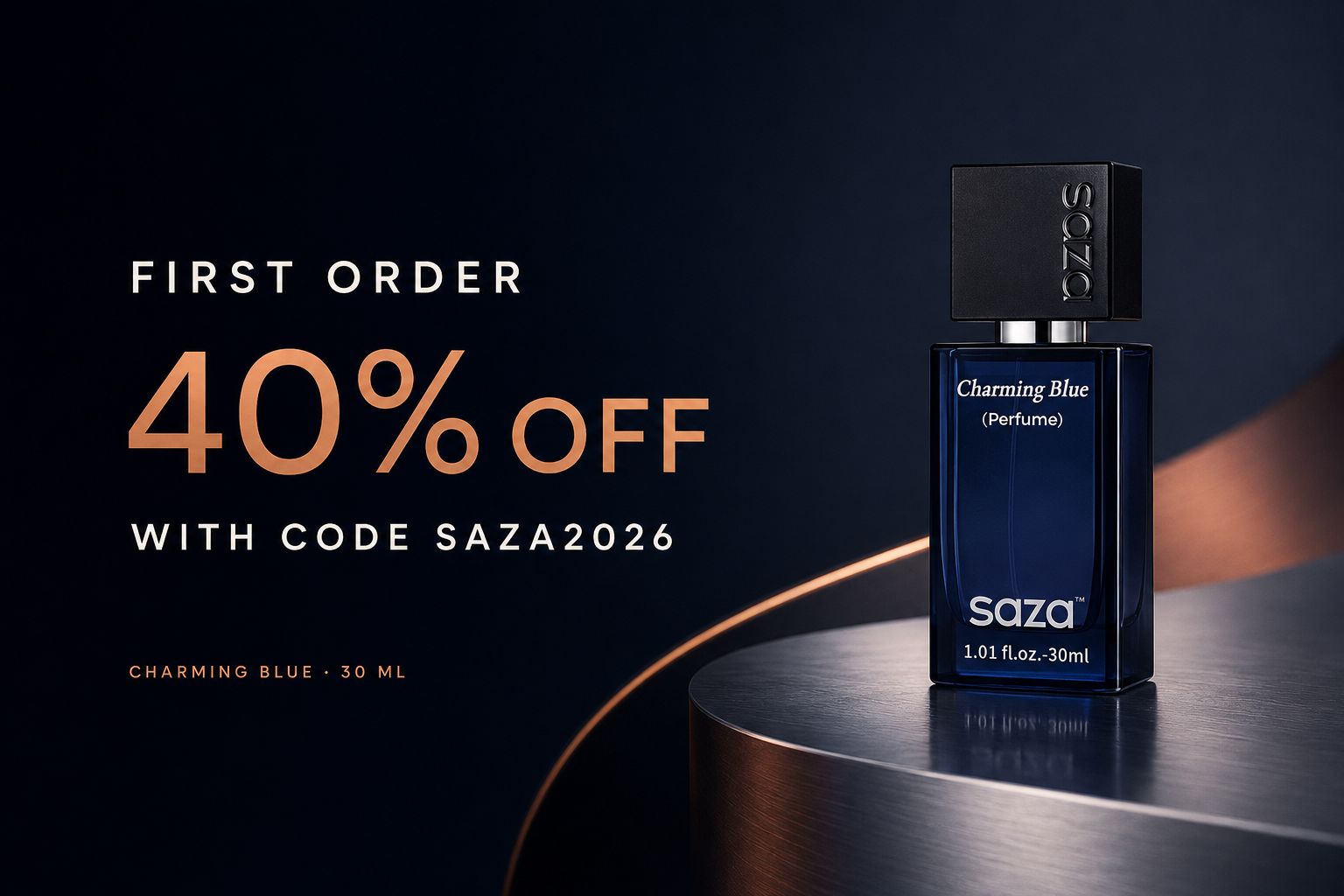 First order: 40% off with code SAZA2026. Charming Blue 30 ml.